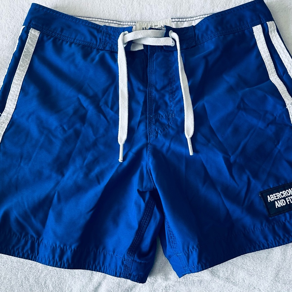 Preowned Abercrombie & Fitch Men’s Swimming Trunks Blue White Logo Sz Large